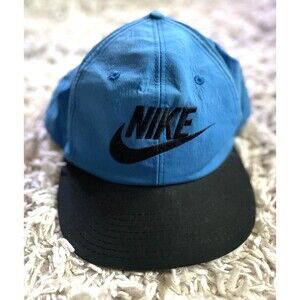 VTG Nike Hat Cap Mens Snapback Blue Black Nylon 90s Big Logo Streetwear Swoosh